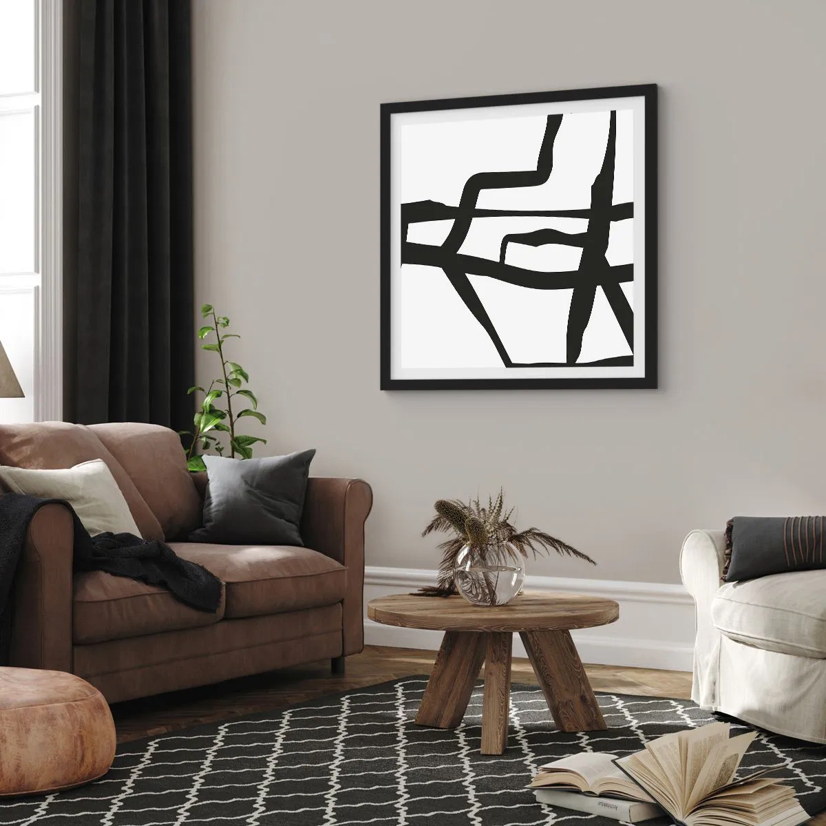 Póster en marco negro - Construcción en blanco y negro - 30x30 cm