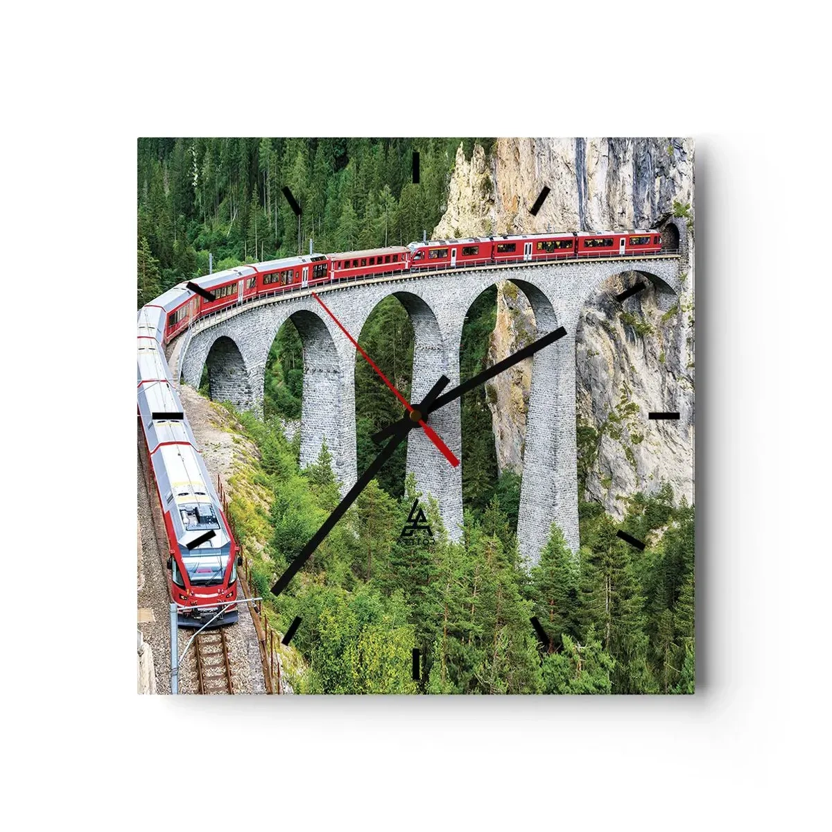 Reloj de pared - Reloj de vidrio - Un tren en un pintoresco viaducto en un paisaje montañoso. - 30x30cm - Atravesando las montañas - Decoración de pared moderna para salón y dormitorio ARTTOR