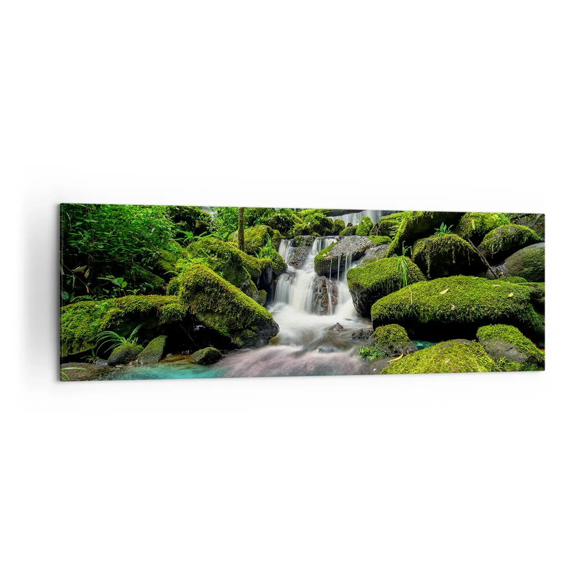 Cuadro sobre lienzo - Impresión de Imagen - Una cascada tropical rodeada de vegetación y agua turquesa. - 160x50cm - Turquesa, zafiro y plata líquida - Decoración de pared moderna para salón y dormitorio ARTTOR