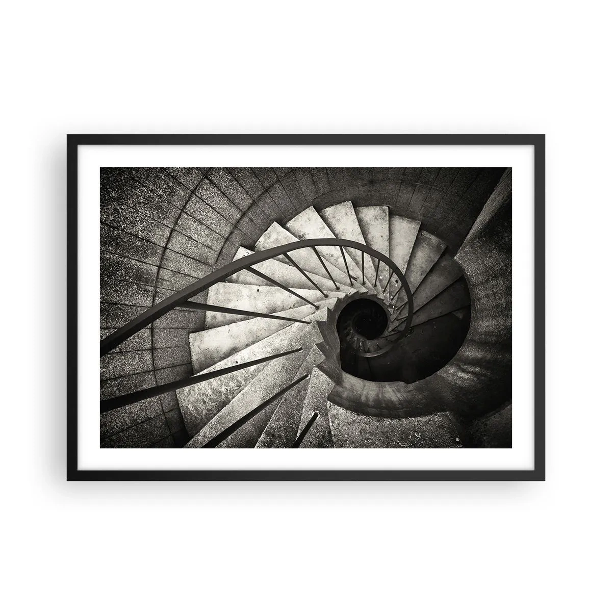 Póster en marco negro - Escalera de caracol en blanco y negro de estilo moderno. - 70x50cm - Escaleras arriba, escaleras abajo - Decoración de pared moderna para salón y dormitorio ARTTOR
