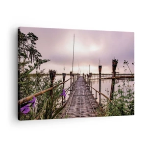 Cuadro sobre lienzo - Impresión de Imagen - Puente de bambú sobre el agua al amanecer - 70x50cm - La tranquilidad de Asia - Decoración de pared moderna para salón y dormitorio ARTTOR