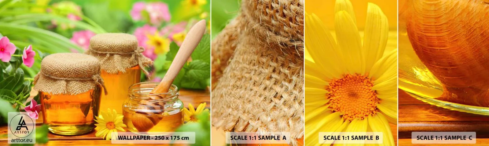 Muestra De Fotomural Standard Eco - Dulce y floral - Gastronomía, Miel, flores - 100x30 cm