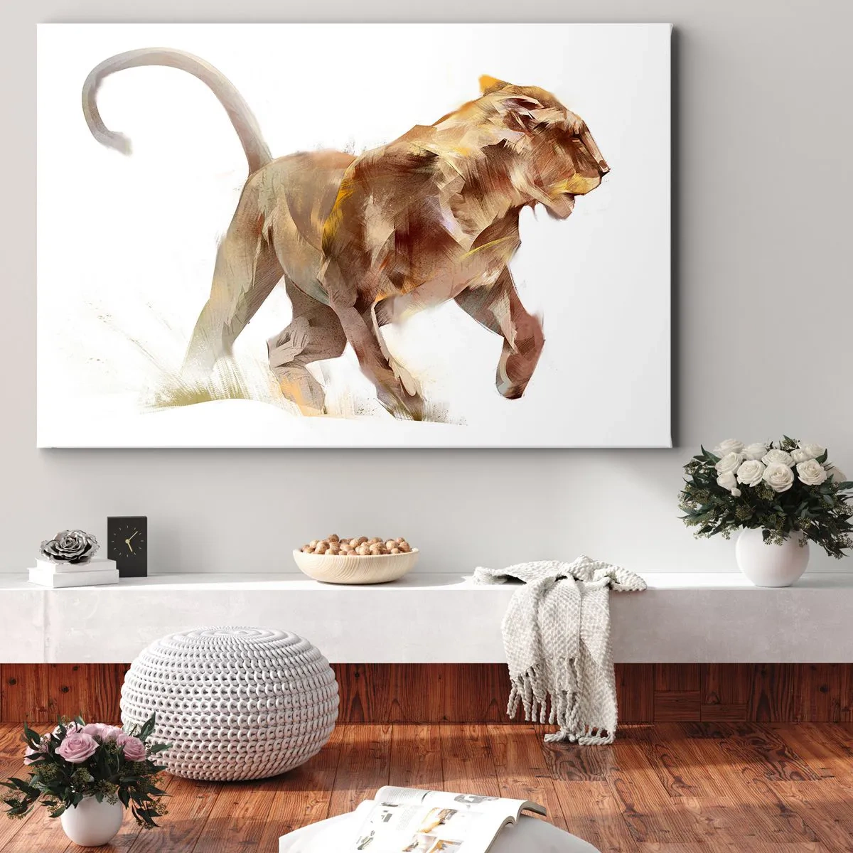 Cuadro sobre lienzo - Impresión de Imagen - Una leona corriendo en una interpretación artística - 70x50cm - Gracia salvaje - Decoración de pared moderna para salón y dormitorio ARTTOR