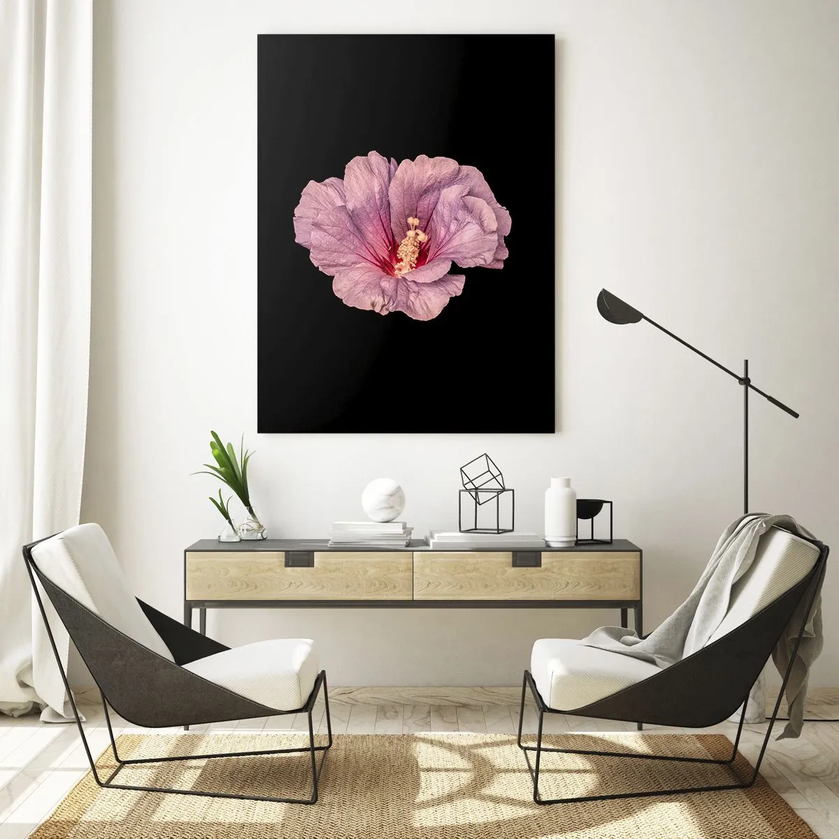 Cuadro sobre vidrio - Impresiones sobre Vidrio - Primer plano de una flor de hibisco rosa sobre un fondo negro - 50x70cm - Directo al corazón - Decoración de pared moderna para salón y dormitorio ARTTOR