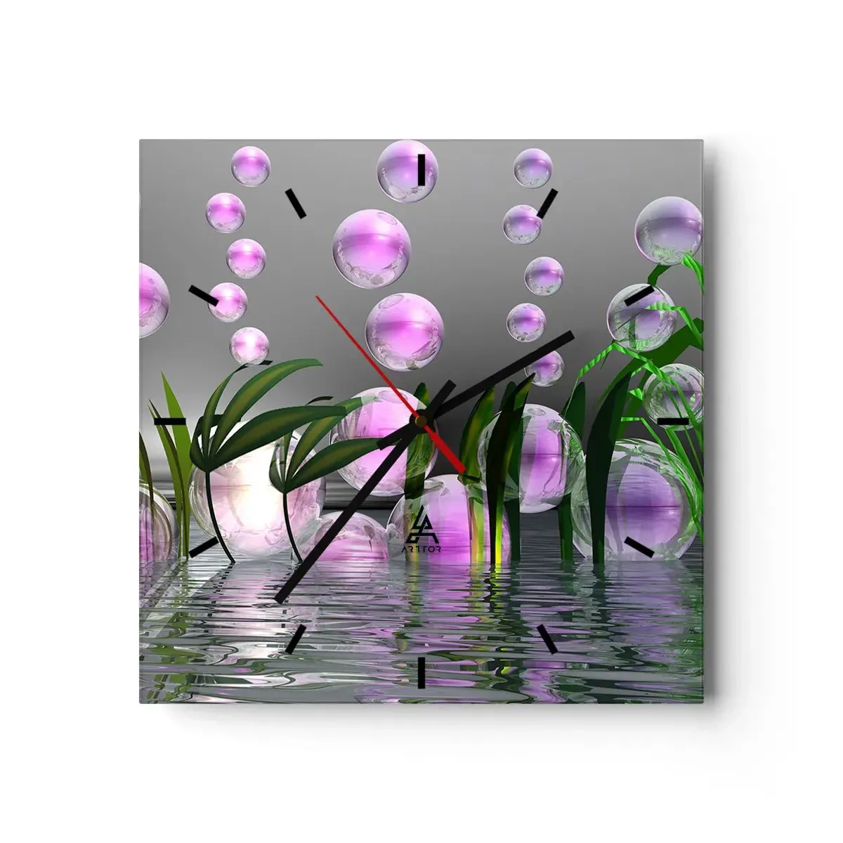 Reloj de pared - Reloj de vidrio - Hojas verdes y burbujas rosadas sobre el agua sobre un fondo gris. - 30x30cm - Composición reflexiva de ligereza y vida - Decoración de pared moderna para salón y dormitorio ARTTOR