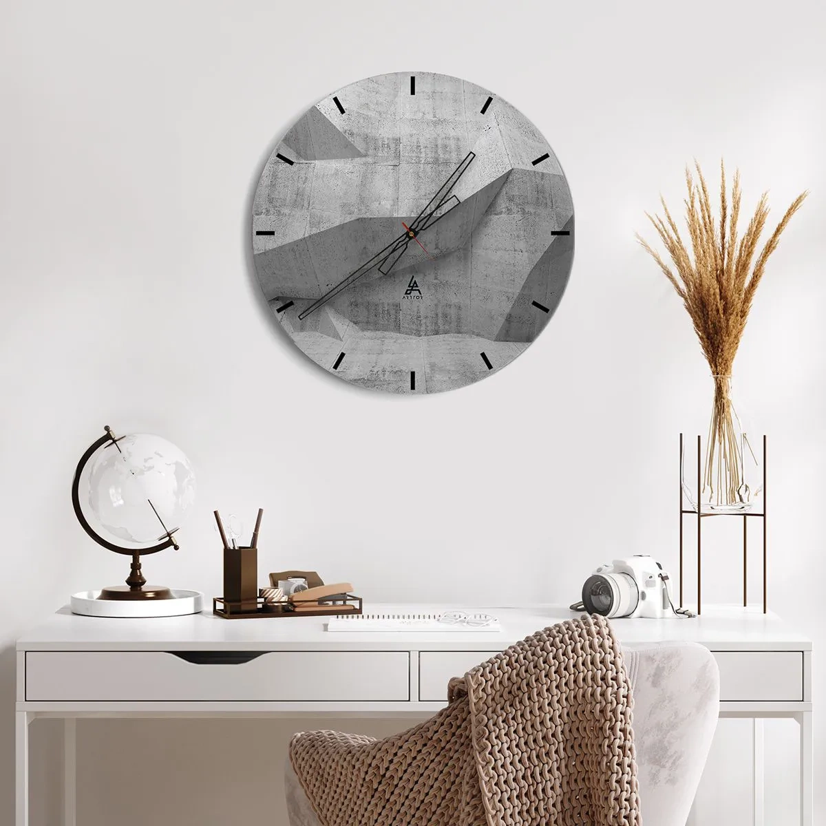 Reloj de pared - Reloj de vidrio - Estructura geométrica de hormigón en tonos grises. - 30x30cm - Un verdadero desafío - Decoración de pared moderna para salón, cocina y dormitorio ARTTOR