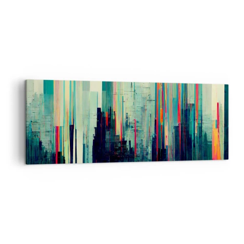 Cuadro sobre lienzo - Impresión de Imagen - Abstracción con líneas verticales y un horizonte de ciudad. - 140x50cm - Ciudad futurista - Decoración de pared moderna para salón y dormitorio ARTTOR