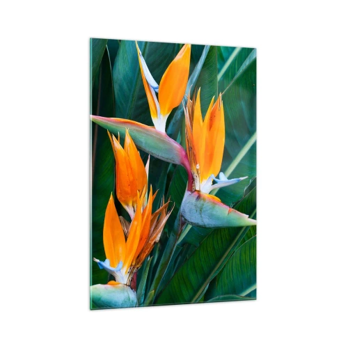 Cuadro sobre vidrio - Impresiones sobre Vidrio - Flores exóticas de strelitzia rodeadas de hojas verdes. - 70x100cm - ¿Es una flor o es un pájaro? - Decoración de pared moderna para salón y dormitorio ARTTOR