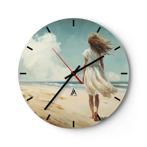 Reloj de pared - Reloj de vidrio - Una mujer con un vestido blanco caminando descalza por la playa. - 30x30cm - Al encuentro del sol y del viento - Decoración de pared moderna para salón, cocina y dormitorio ARTTOR