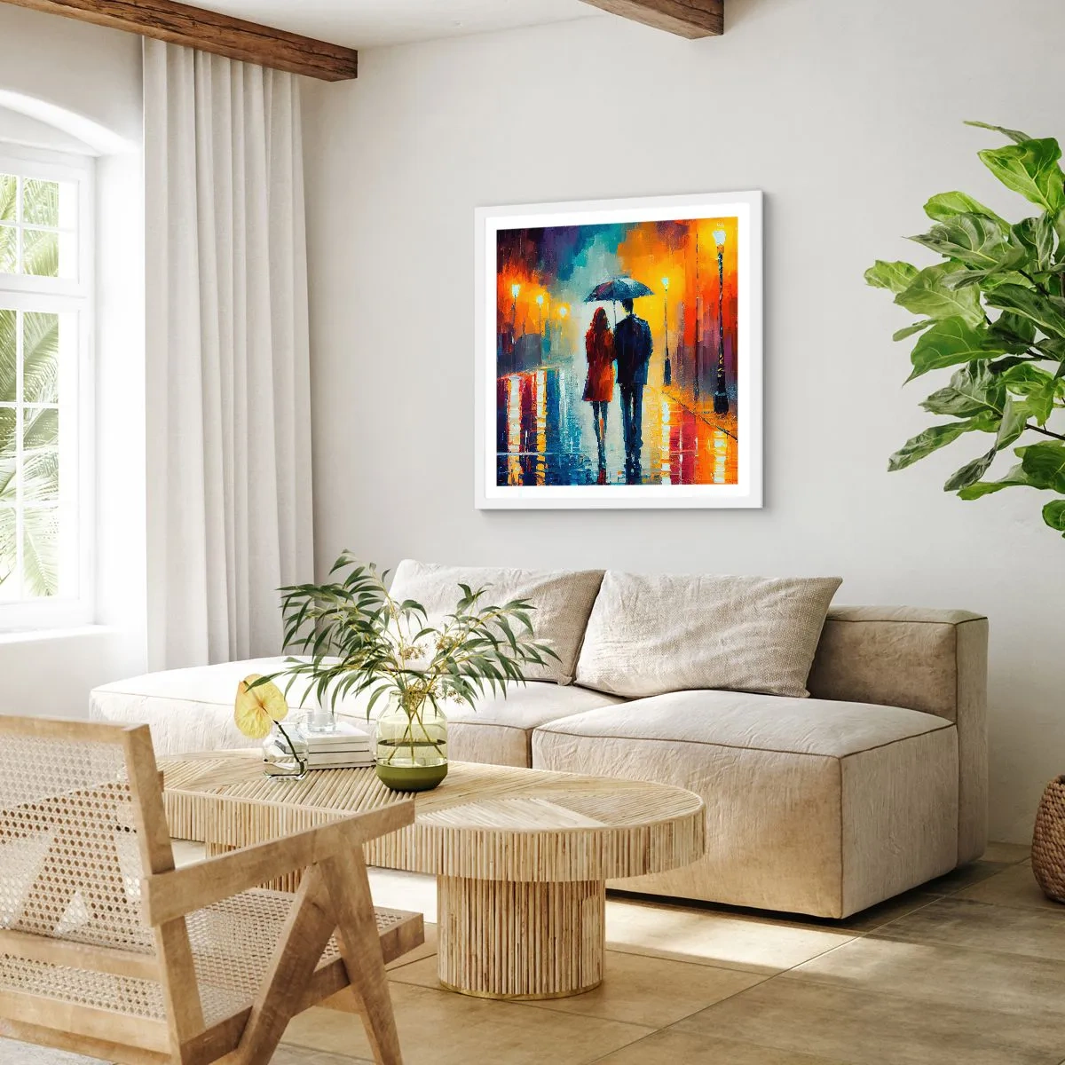Póster en marco blanco - Juntos en una noche llena de color - 40x40 cm