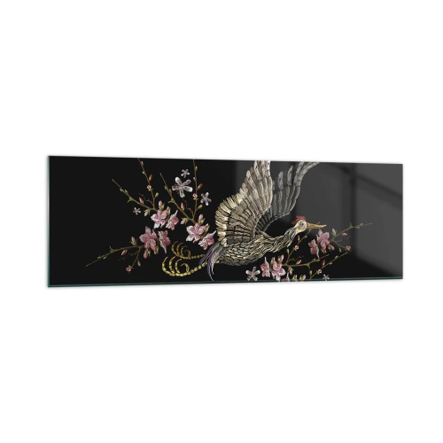 Cuadro sobre vidrio - Impresiones sobre Vidrio - Un pájaro en vuelo con flores sobre un fondo negro. - 160x50cm - Ave florida - Decoración de pared moderna para salón y dormitorio ARTTOR