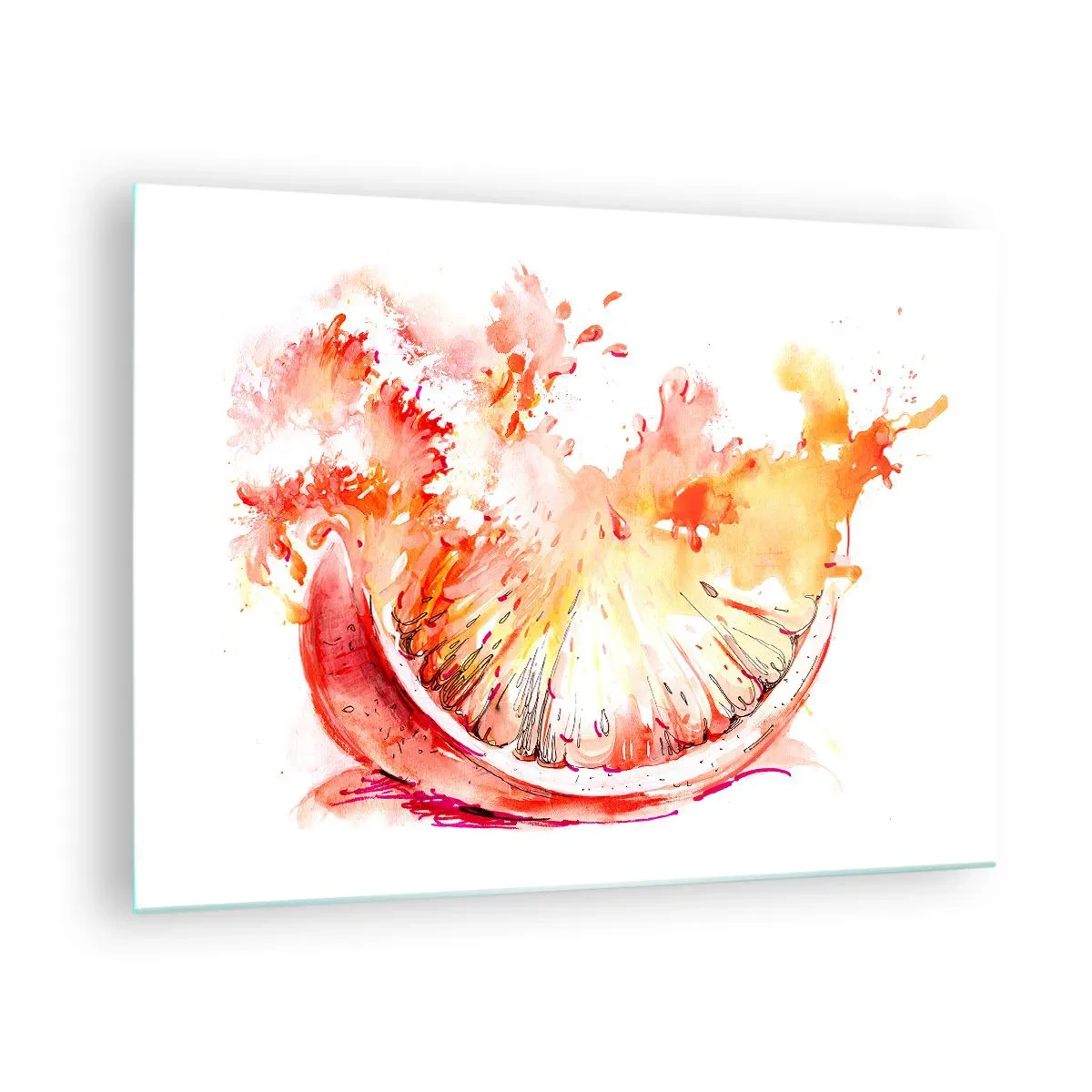 Cuadro sobre vidrio - Impresiones sobre Vidrio - Pintura de acuarela de un jugoso segmento de pomelo en movimiento. - 70x50cm - Jugoso refresco - Decoración de pared moderna para salón y dormitorio ARTTOR