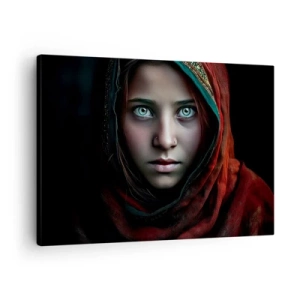 Cuadro sobre lienzo - Impresión de Imagen - Retrato de una mujer con una mirada intensa en colores cálidos. - 70x50cm - Princesa del Este - Decoración de pared moderna para salón y dormitorio ARTTOR
