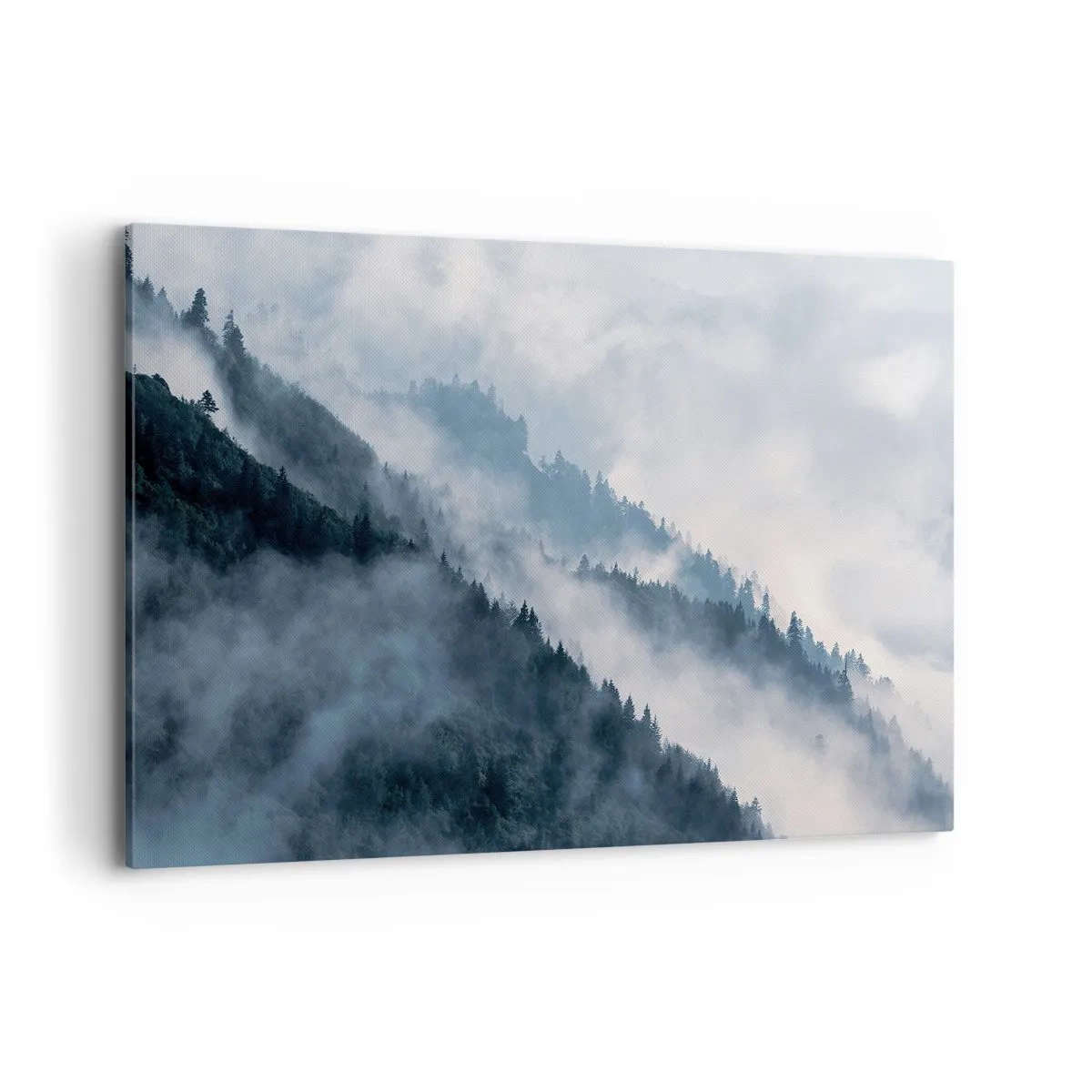 Cuadro sobre lienzo - Impresión de Imagen - La niebla se cierne sobre las laderas boscosas de las montañas en un paisaje misterioso. - 120x80cm - Misticismo de las montañas - Decoración de pared moderna para salón y dormitorio ARTTOR