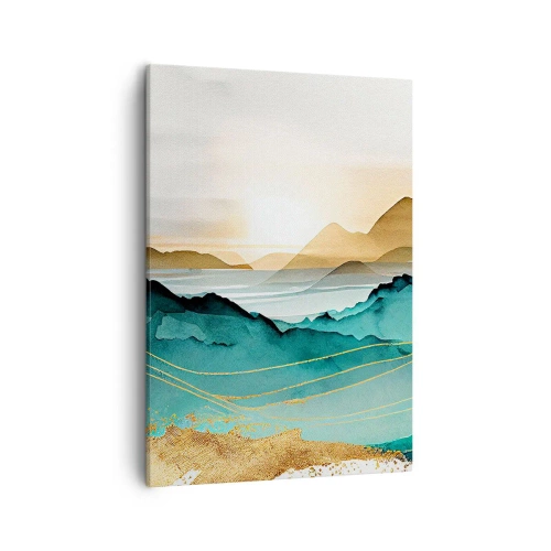 Cuadro sobre lienzo - Impresión de Imagen - Paisaje abstracto con montañas y acentos dorados. - 50x70cm - Al borde de la abstracción - paisaje - Decoración de pared moderna para salón y dormitorio ARTTOR