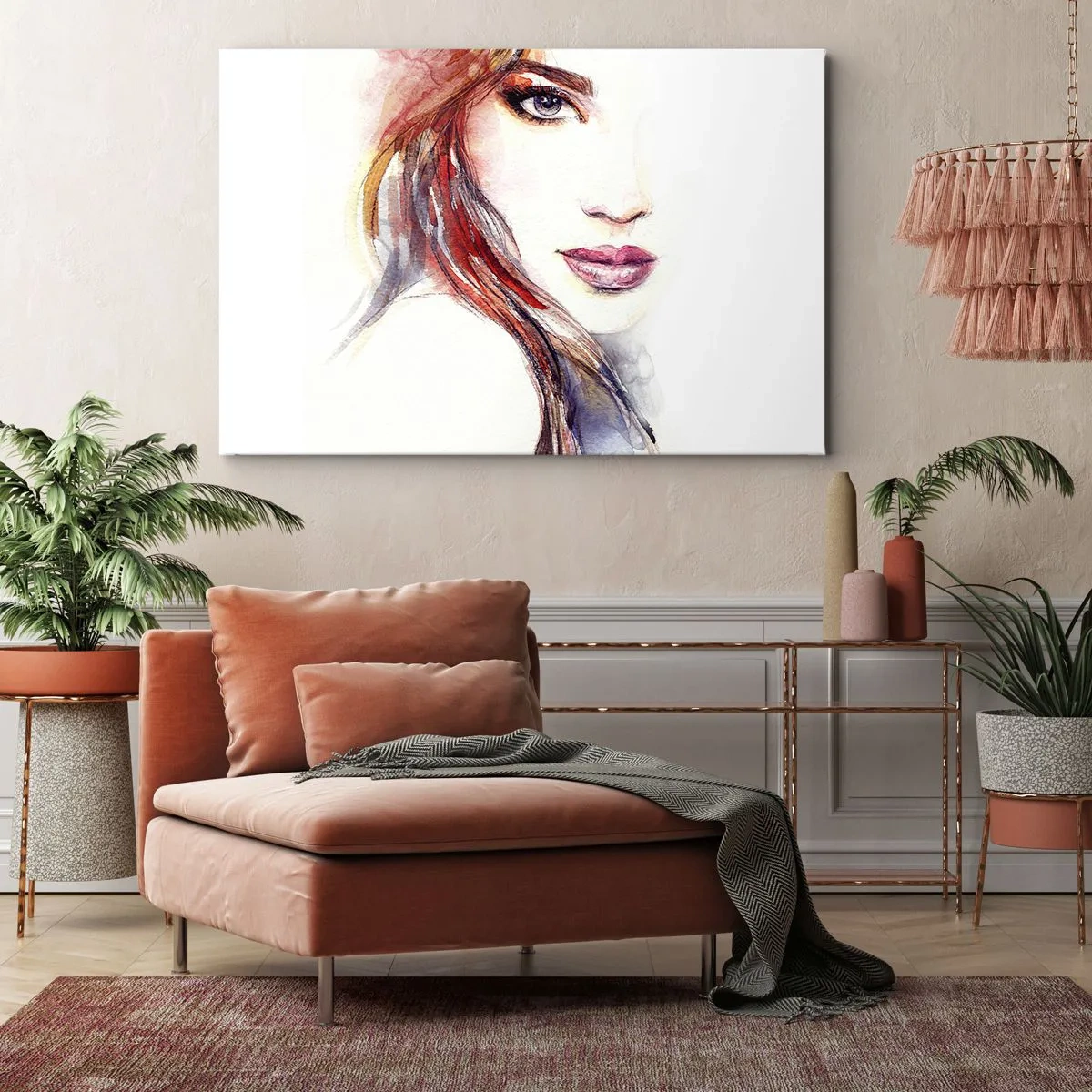 Cuadro sobre lienzo - Impresión de Imagen - Una sutil acuarela del rostro de una mujer con una mirada expresiva. - 70x50cm - Sígueme - Decoración de pared moderna para salón y dormitorio ARTTOR