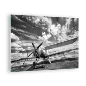 Cuadro sobre vidrio - Impresiones sobre Vidrio - Fotografía en blanco y negro de un biplano clásico. - 70x50cm - No puedo esperar - Decoración de pared moderna para salón y dormitorio ARTTOR