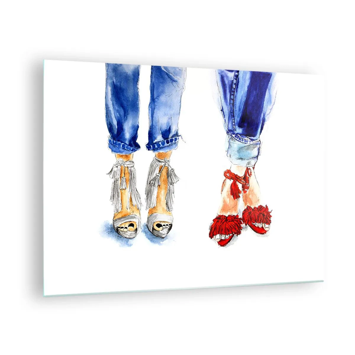 Cuadro sobre vidrio - Impresiones sobre Vidrio - Dos zapatos elegantes sobre un fondo de jeans. - 70x50cm - ¿Por qué no vamos a dar un paseo? - Decoración de pared moderna para salón y dormitorio ARTTOR