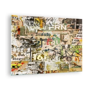 Cuadro sobre vidrio - Impresiones sobre Vidrio - Una composición artística de carteles, inscripciones y grafitis. - 70x50cm - Oh, está sucediendo... - Decoración de pared moderna para salón y dormitorio ARTTOR