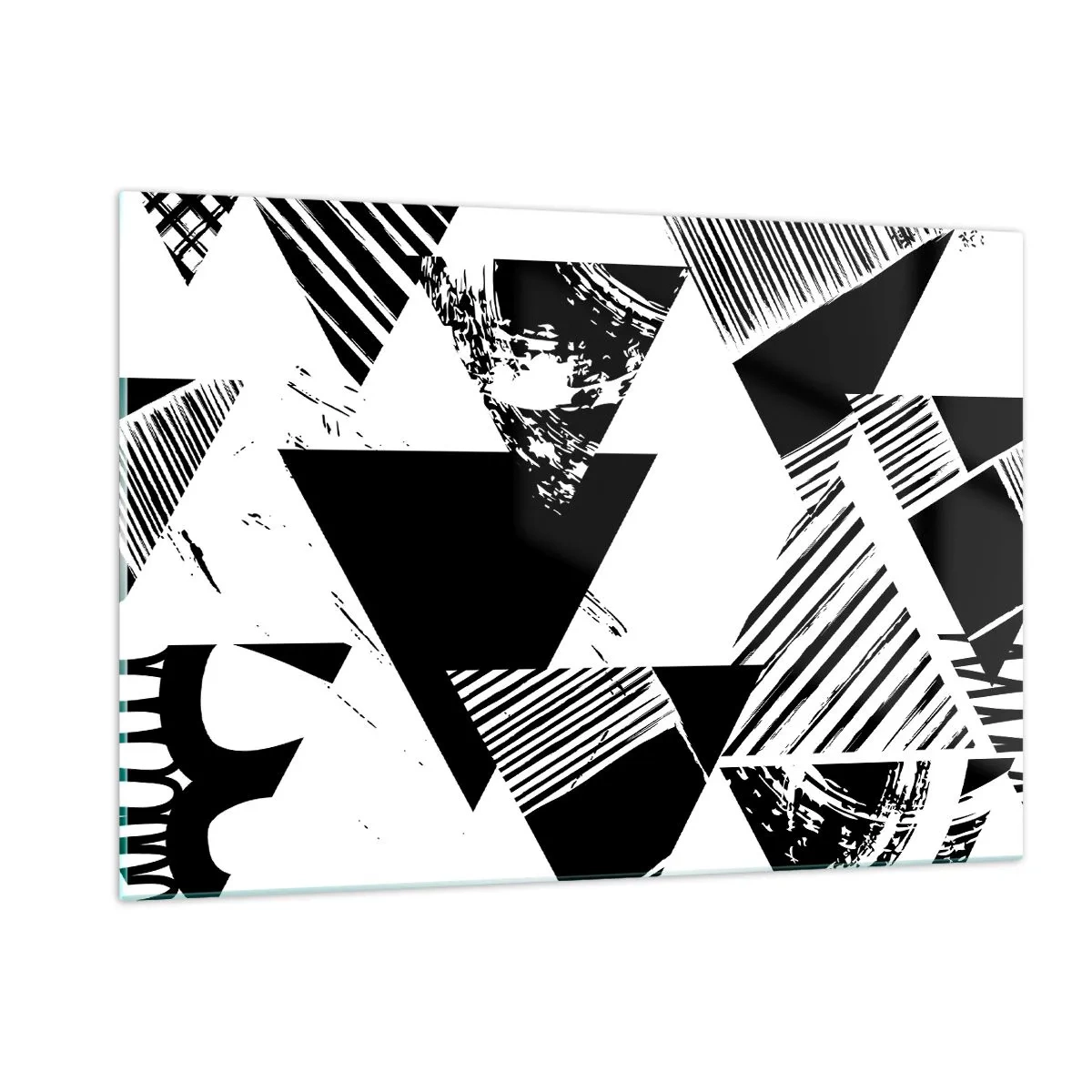 Cuadro sobre vidrio - Impresiones sobre Vidrio - Patrones geométricos en blanco y negro con motivos triangulares. - 120x80cm - Una lluvia de triángulos - Decoración de pared moderna para salón y dormitorio ARTTOR