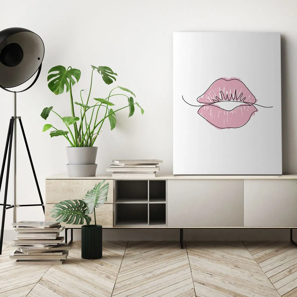 Cuadro sobre lienzo - Impresión de Imagen - Dibujo de labios minimalista en tono rosa. - 70x100cm - ¿Listo para un beso? - Decoración de pared moderna para salón y dormitorio ARTTOR