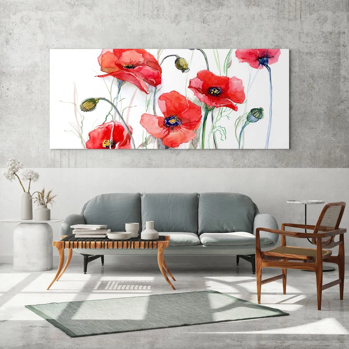 Cuadro sobre vidrio - Impresiones sobre Vidrio - Amapolas de acuarela sobre un fondo delicado - 120x50cm - Flores polacas - Decoración de pared moderna para salón y dormitorio ARTTOR