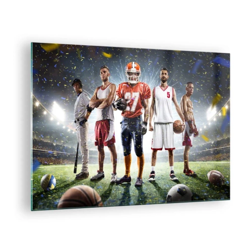 Cuadro sobre vidrio - Impresiones sobre Vidrio - Atletas de diversas disciplinas en el estadio bajo los focos - 70x50cm - Gladiadores sobre los terrenos de juego - Decoración de pared moderna para salón y dormitorio ARTTOR