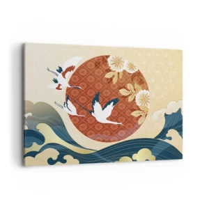Cuadro sobre lienzo - Impresión de Imagen - Composición japonesa con grullas y olas. - 100x70cm - Un cuento de hadas japonés - Decoración de pared moderna para salón y dormitorio ARTTOR