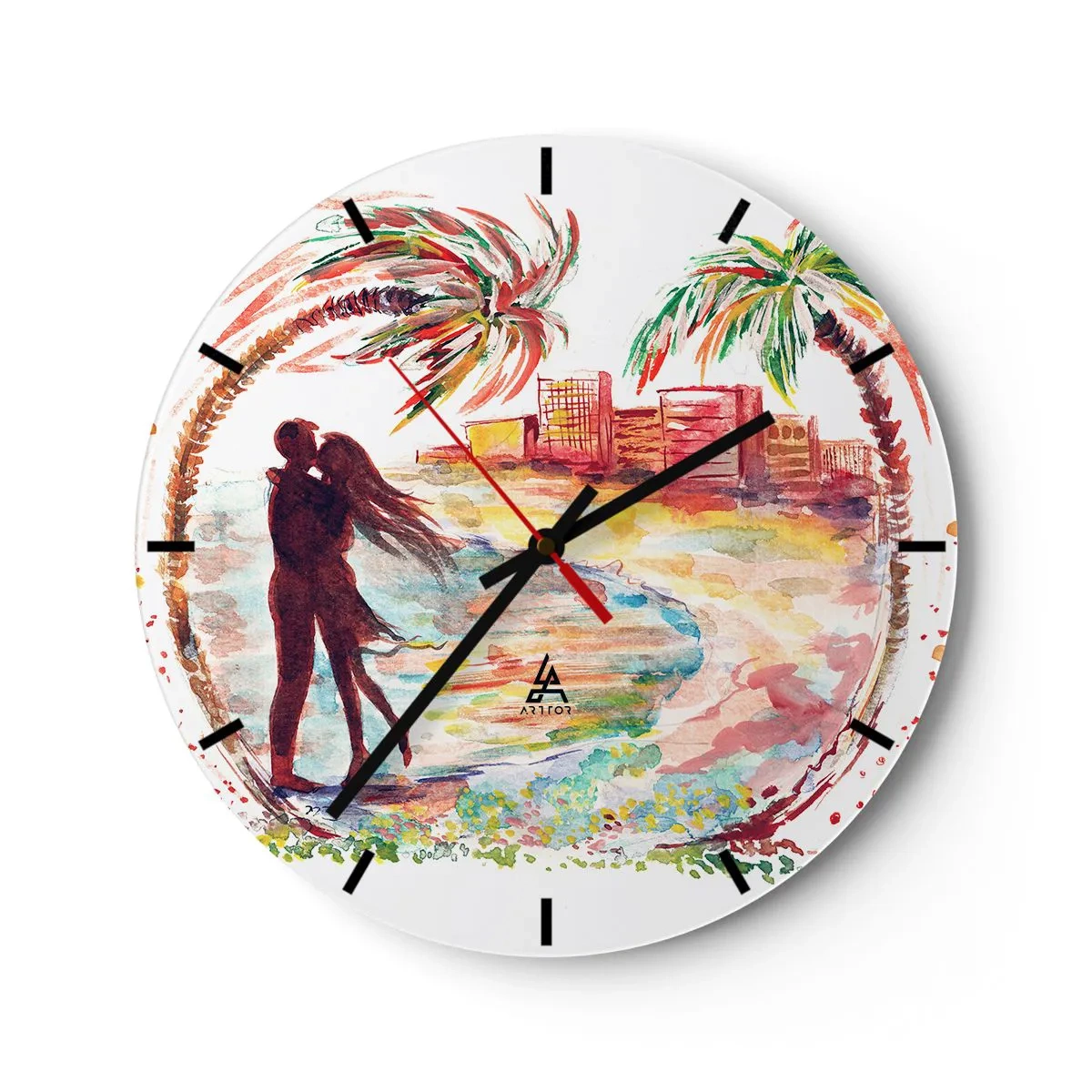 Reloj de pared - Reloj de vidrio - Pareja romántica en la playa con palmeras al fondo - 30x30cm - Unas vacaciones románticas - Decoración de pared moderna para salón, cocina y dormitorio ARTTOR