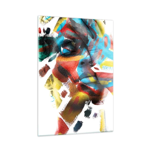 Cuadro sobre vidrio - Impresiones sobre Vidrio - Retrato con acentos abstractos y coloridos en el rostro. - 50x70cm - Una personalidad colorida - Decoración de pared moderna para salón y dormitorio ARTTOR