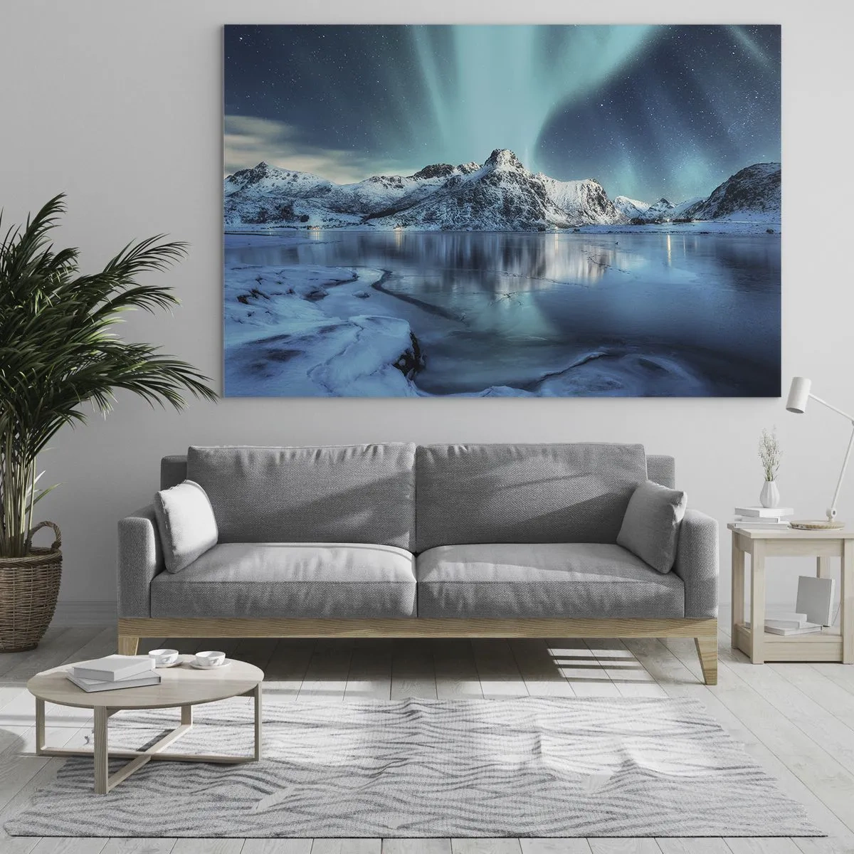 Cuadro sobre vidrio - Impresiones sobre Vidrio - Aurora boreal sobre las montañas nevadas - 100x70cm - Una noche de luz - Decoración de pared moderna para salón y dormitorio ARTTOR