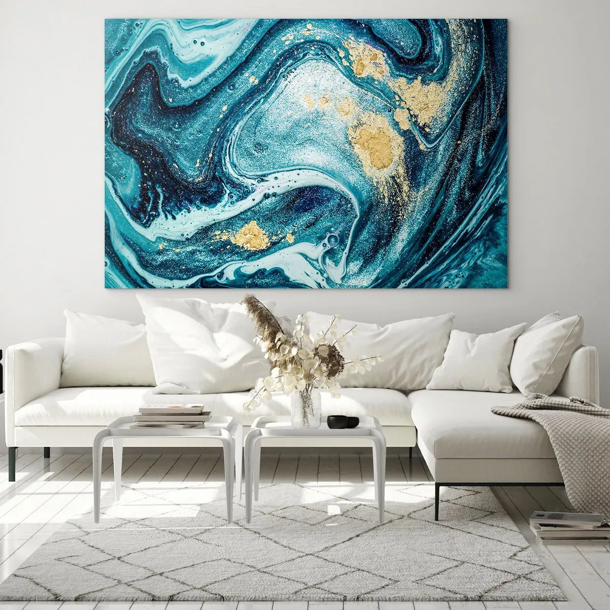 Cuadro sobre vidrio - Impresiones sobre Vidrio - Remolinos abstractos en tonos turquesa y dorado. - 100x70cm - Vórtice azul - Decoración de pared moderna para salón y dormitorio ARTTOR