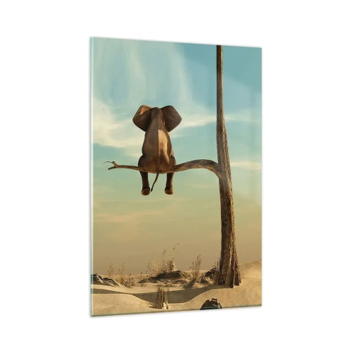 Cuadro sobre vidrio - Impresiones sobre Vidrio - Un elefante sentado en una rama con vistas a un paisaje desértico. - 80x120cm - Un nuevo punto de vista - Decoración de pared moderna para salón y dormitorio ARTTOR