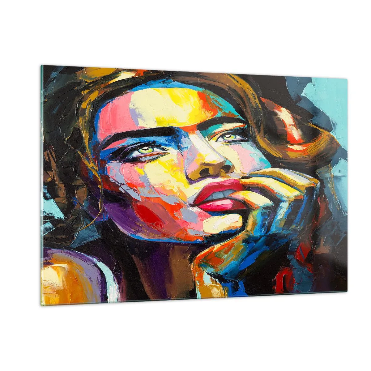 Cuadro sobre vidrio - Impresiones sobre Vidrio - Retrato de una mujer en intensos colores abstractos. - 120x80cm - Sueños - Decoración de pared moderna para salón y dormitorio ARTTOR
