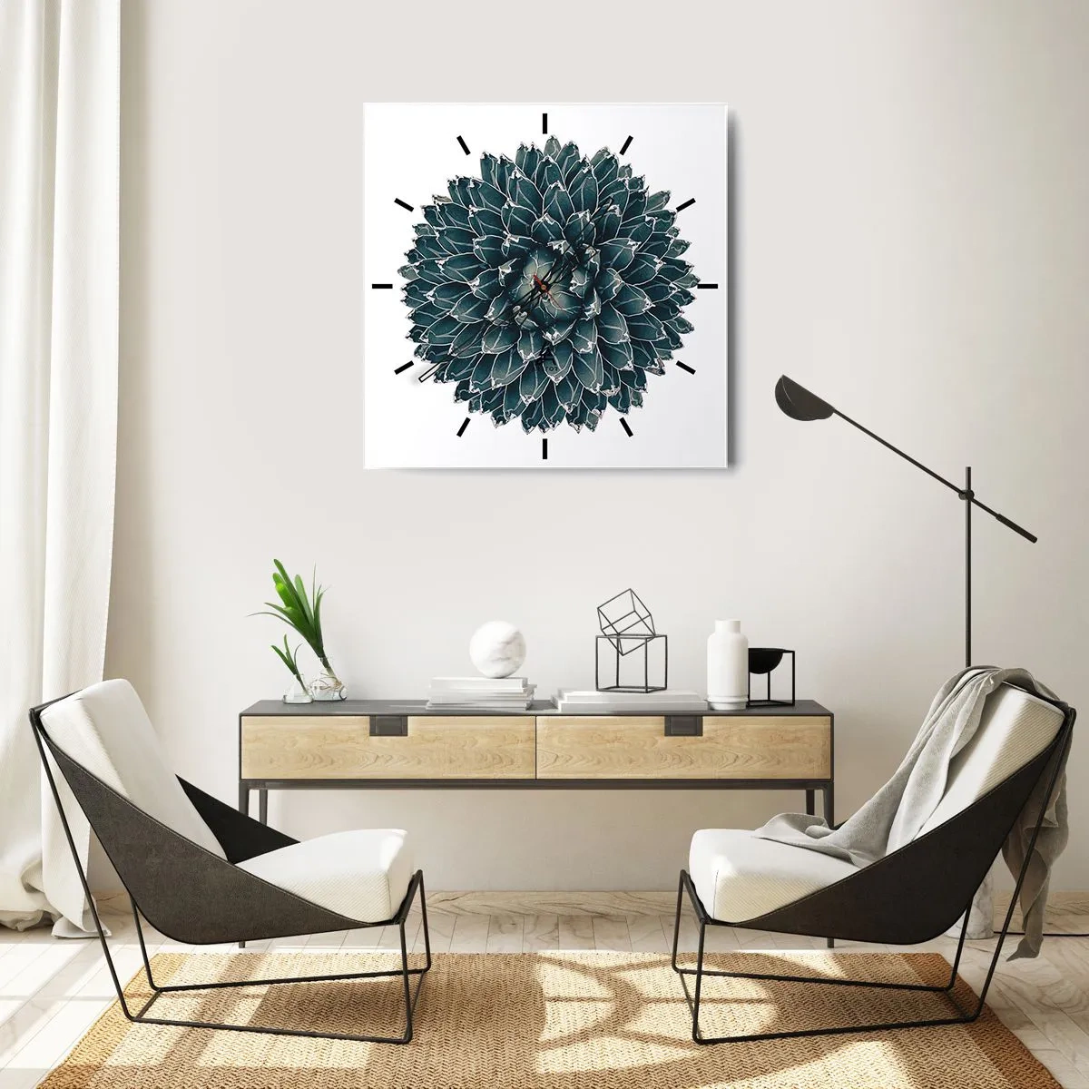 Reloj de pared - Reloj de vidrio - Planta suculenta simétrica sobre un fondo blanco. - 30x30cm - Estrella del desierto - Decoración de pared moderna para salón y dormitorio ARTTOR