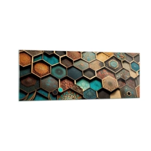 Cuadro sobre vidrio - Impresiones sobre Vidrio - Adornos coloridos en patrones hexagonales. - 140x50cm - Ornamentos árabes - Decoración de pared moderna para salón y dormitorio ARTTOR