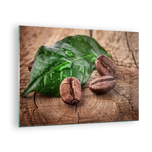 Cuadro sobre vidrio - Impresiones sobre Vidrio - Granos de café sobre un fondo de hojas y madera. - 70x50cm - El auténtico y negro - Decoración de pared moderna para salón y dormitorio ARTTOR