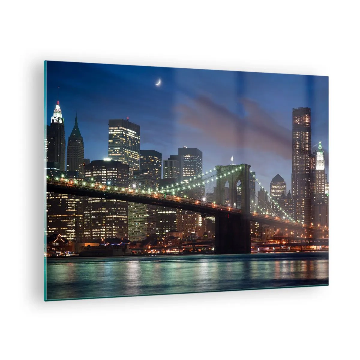 Cuadro sobre vidrio - Impresiones sobre Vidrio - Panorama de la ciudad con el puente iluminado por luces nocturnas. - 70x50cm - Una noche iluminada - Decoración de pared moderna para salón y dormitorio ARTTOR