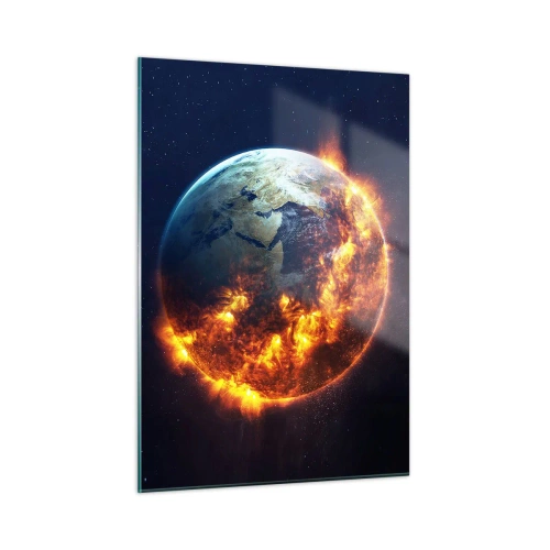Cuadro sobre vidrio - Impresiones sobre Vidrio - La Tierra rodeada de llamas en el espacio exterior - 50x70cm - La llama del apocalipsis - Decoración de pared moderna para salón y dormitorio ARTTOR