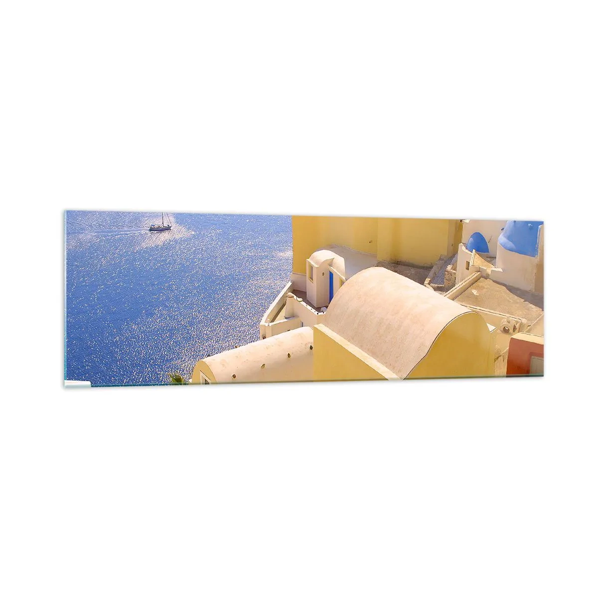 Cuadro sobre vidrio - Impresiones sobre Vidrio - Arquitectura griega con vistas al mar y un barco al fondo. - 160x50cm - Paisaje griego en blanco y azul - Decoración de pared moderna para salón y dormitorio ARTTOR