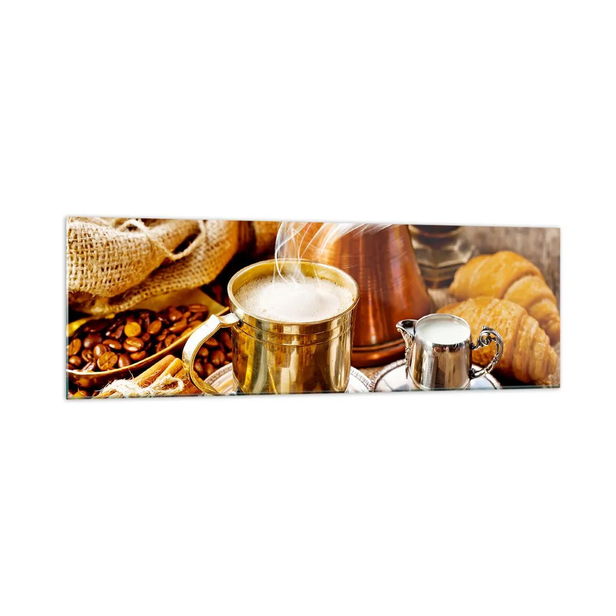 Cuadro sobre vidrio - Impresiones sobre Vidrio - Una taza de café dorada rodeada de granos, jarras y croissants. - 160x50cm - Que tengas un buen día - Decoración de pared moderna para salón y dormitorio ARTTOR