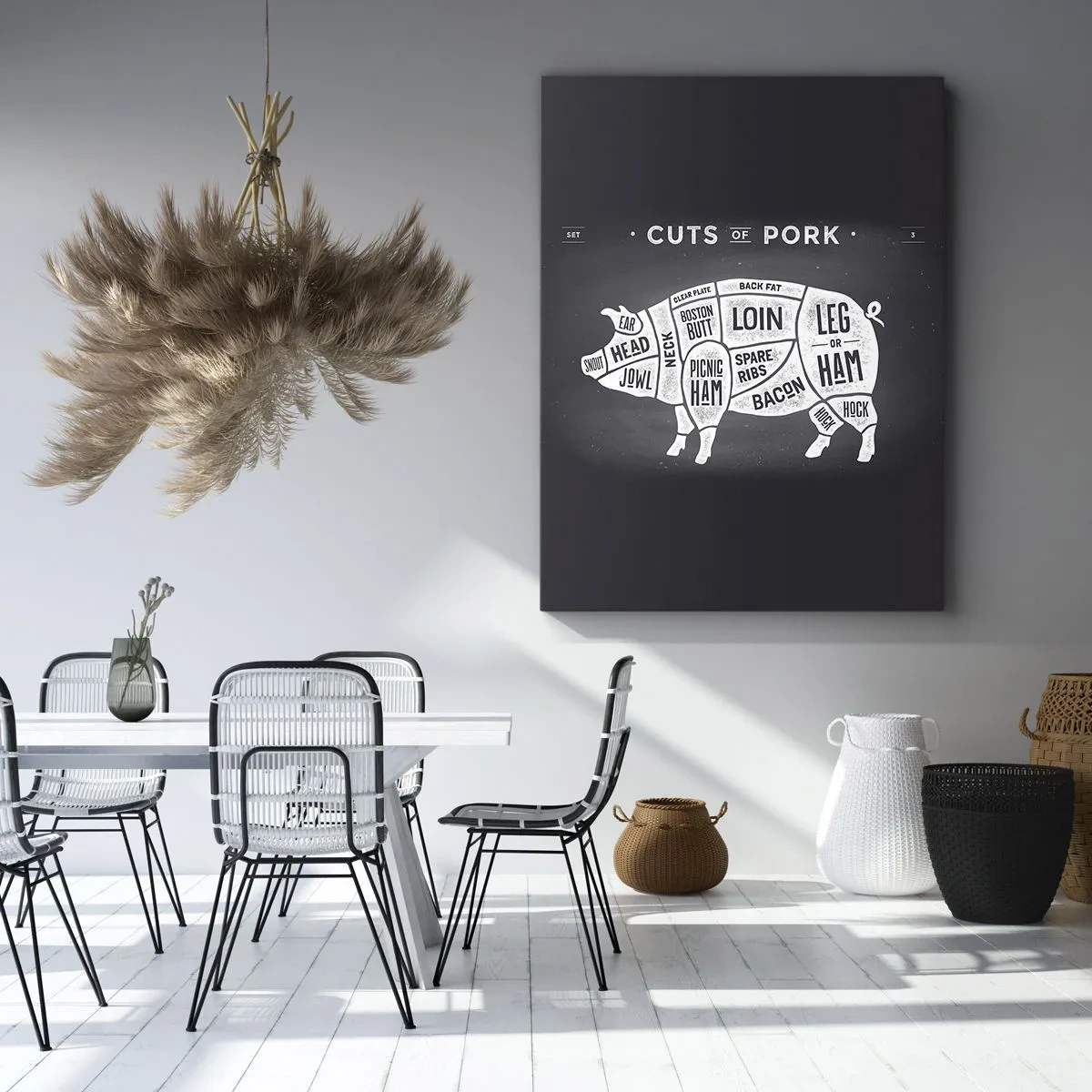 Cuadro sobre lienzo - Impresión de Imagen - Diagrama de cortes de carne de cerdo sobre fondo negro - 70x100cm - Manual del carnicero - Decoración de pared moderna para salón y dormitorio ARTTOR