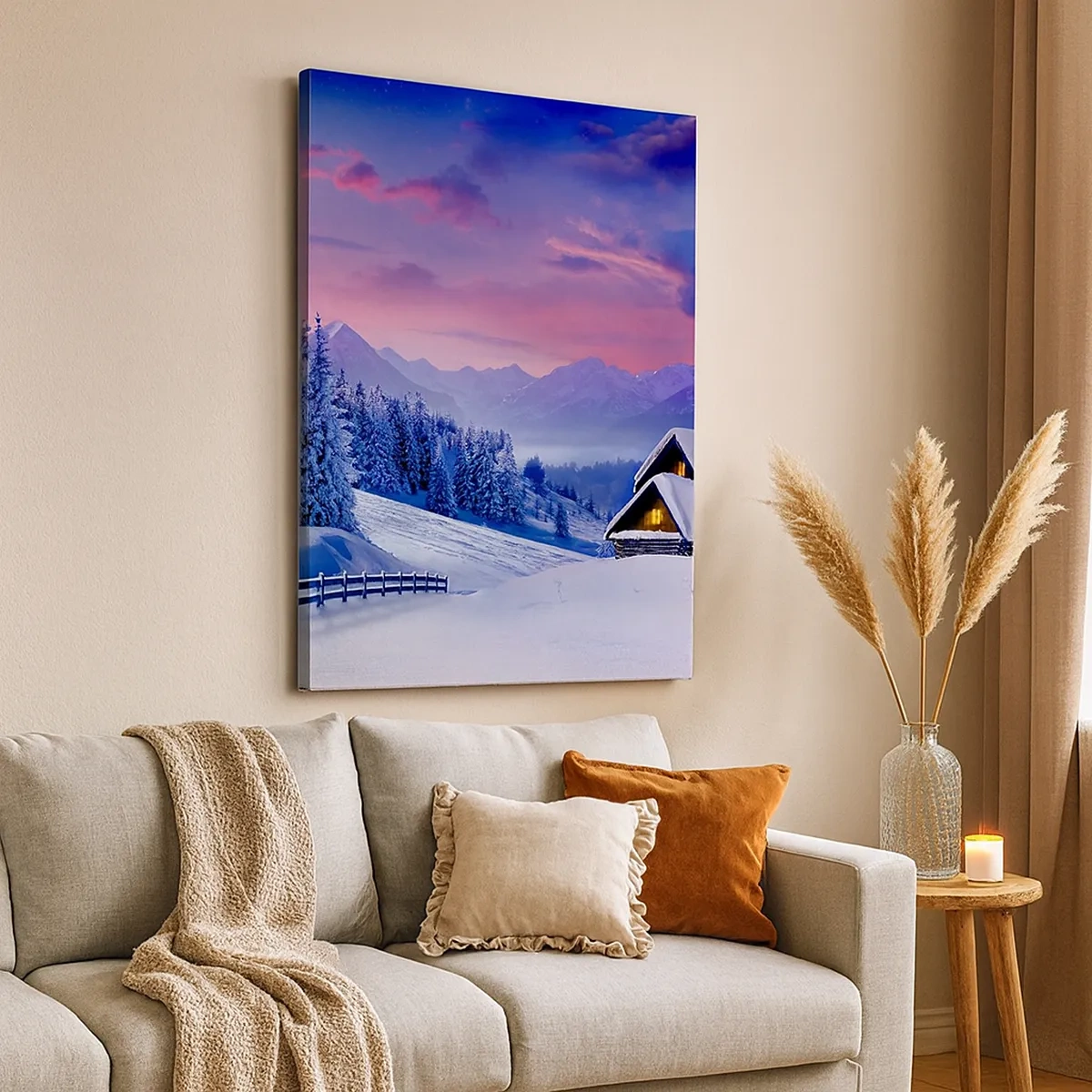 Cuadro sobre lienzo - Impresión de Imagen - Paisaje invernal con cabañas de montaña al atardecer - 50x70cm - Noche de silencio - Decoración de pared moderna para salón y dormitorio ARTTOR