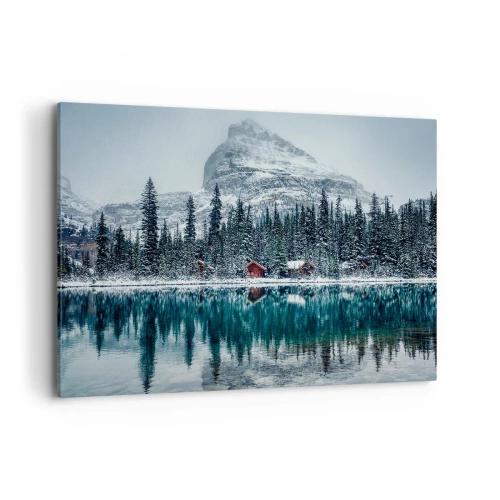 Cuadro sobre lienzo - Impresión de Imagen - Paisaje invernal con cabañas en el bosque junto a un lago congelado - 100x70cm - Retiro canadiense - Decoración de pared moderna para salón y dormitorio ARTTOR