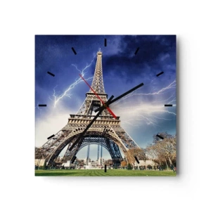 Reloj de pared - Reloj de vidrio - La Torre Eiffel con un cielo tormentoso y relámpagos al fondo. - 30x30cm - Reina sobre las tormentas - Decoración de pared moderna para salón y dormitorio ARTTOR