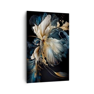 Cuadro sobre lienzo - Impresión de Imagen - Una flor en tonos dorados y azul marino sobre un fondo negro. - 80x120cm - Flor de helecho de cuento - Decoración de pared moderna para salón y dormitorio ARTTOR