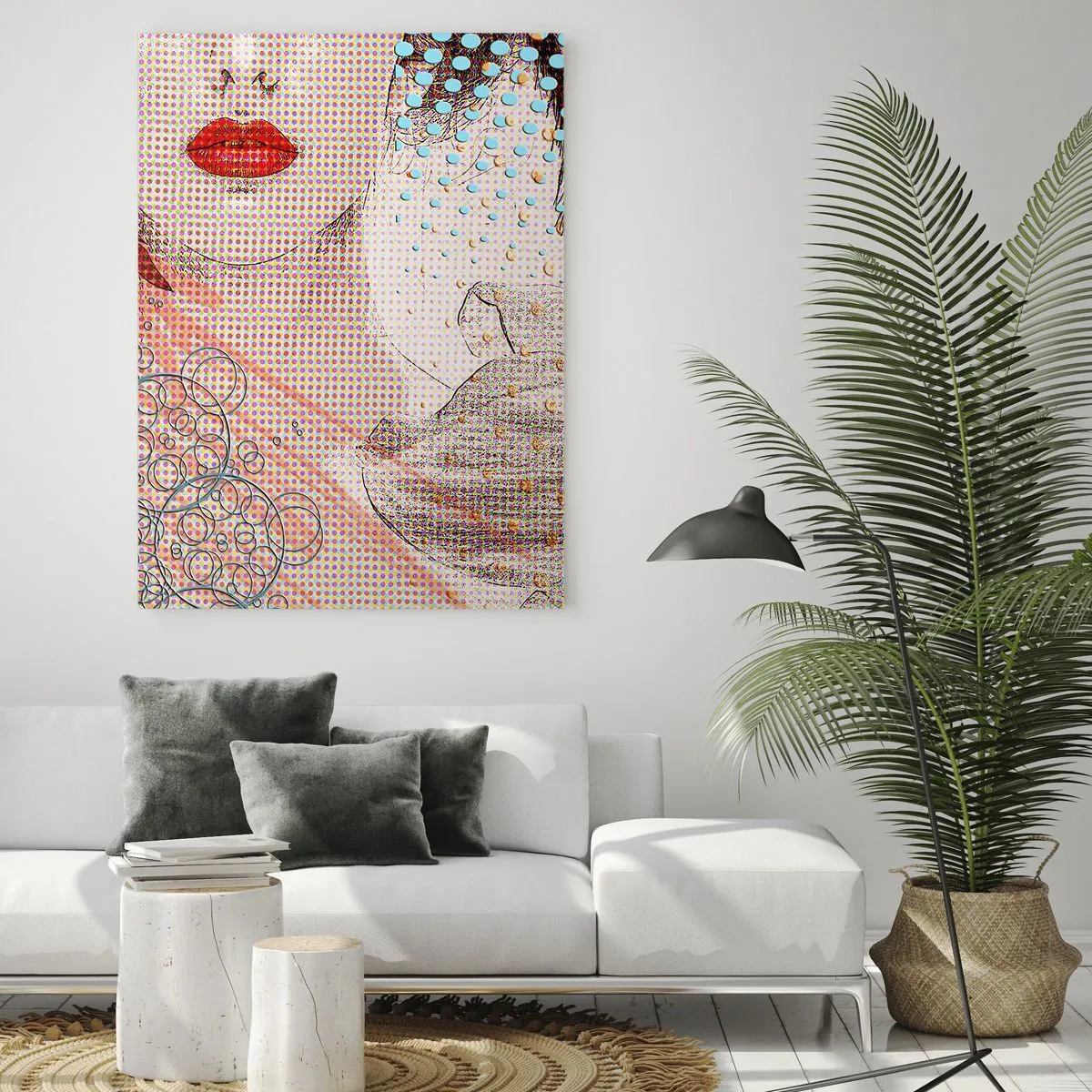 Cuadro sobre vidrio - Impresiones sobre Vidrio - Obra abstracta con motivo de boca y orquídea. - 80x120cm - Heroína de cómic - Decoración de pared moderna para salón y dormitorio ARTTOR