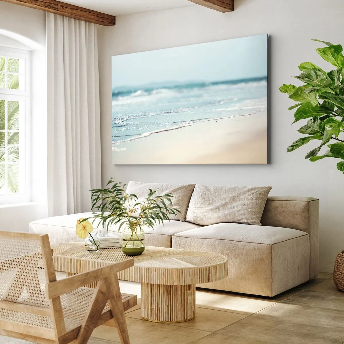 Cuadro sobre lienzo - Impresión de Imagen - Suaves olas del océano en una playa de arena - 100x70cm - Calor y brisa - Decoración de pared moderna para salón y dormitorio ARTTOR