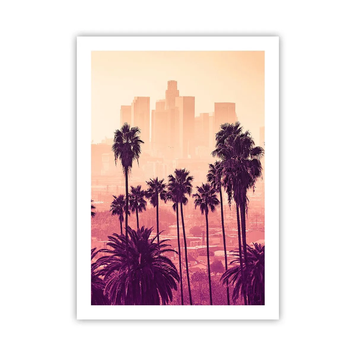 Póster - Palmeras con la ciudad como telón de fondo al atardecer - 50x70cm - El paisaje de California - Decoración de pared moderna para salón y dormitorio ARTTOR