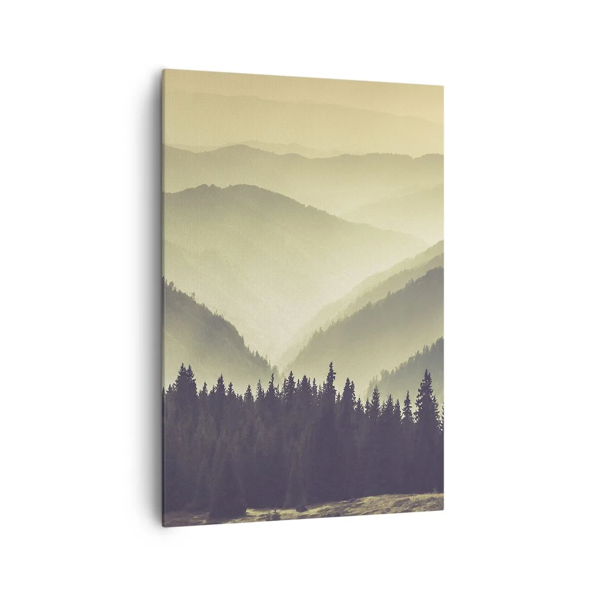 Cuadro sobre lienzo - Impresión de Imagen - Pintorescas cadenas montañosas envueltas en niebla y con una luz cálida - 70x100cm - Más allá de las siete montañas... - Decoración de pared moderna para salón y dormitorio ARTTOR